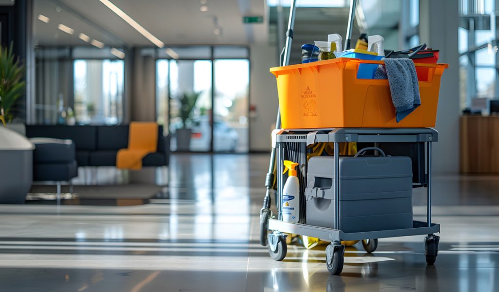 An orange and grey janitorial cart in an El Paso business office.