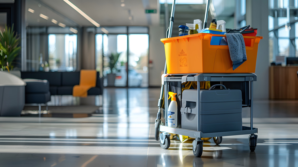 An orange and grey janitorial cart in an El Paso business office.